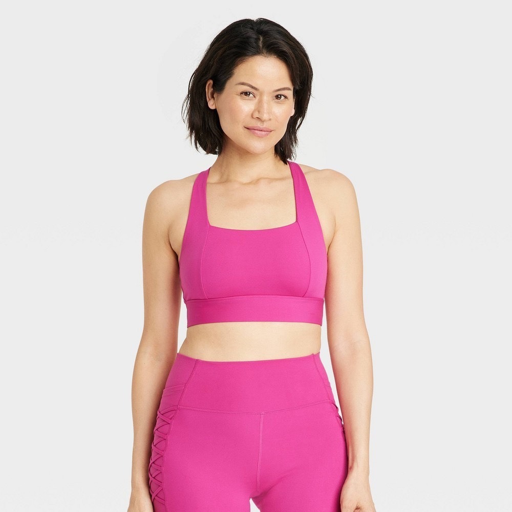 All In Motion Sports Bra Womens M Square Neck Crossback Berry Pink NWT